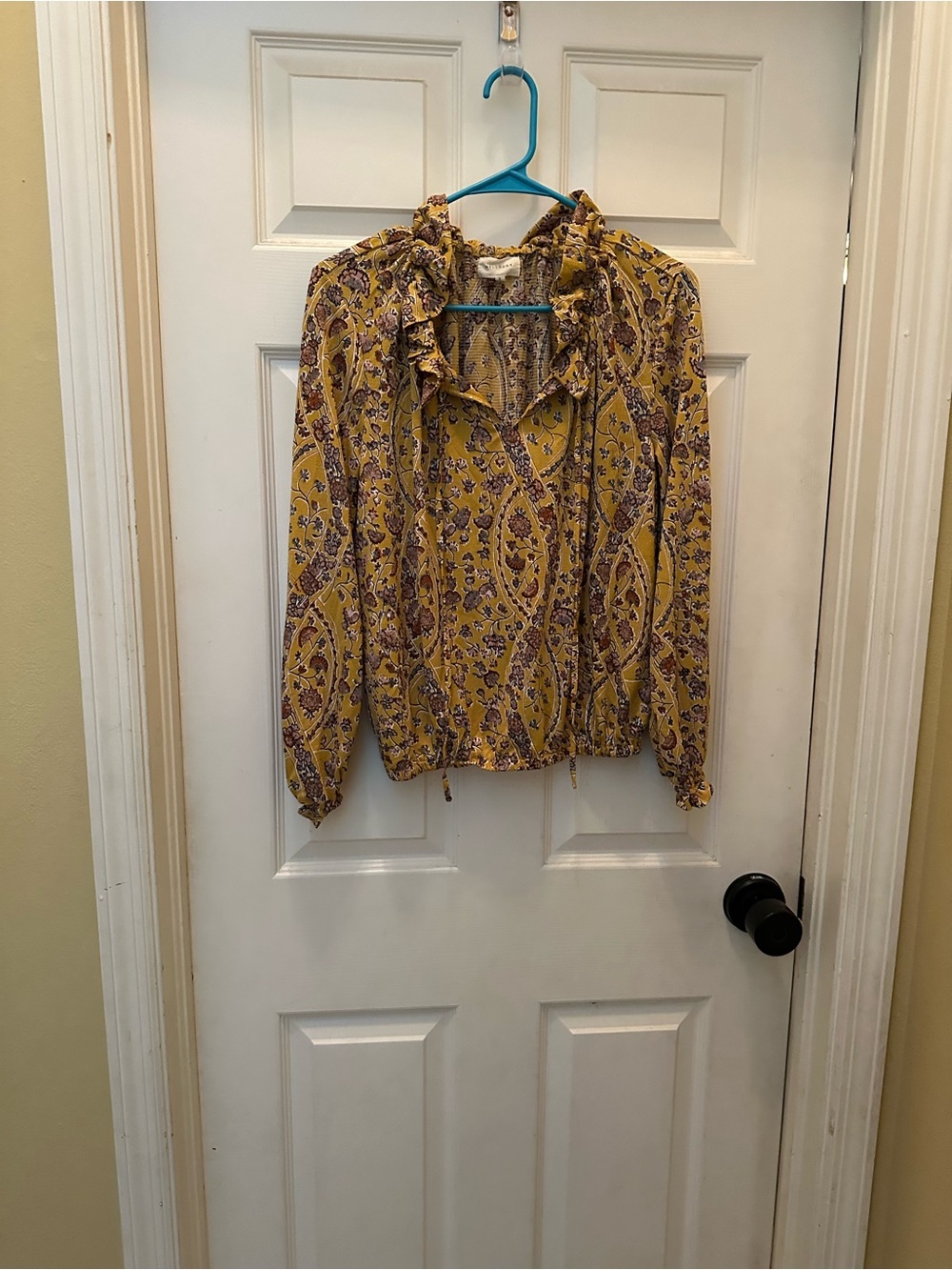 Women’s Yellow Paisley Long-Sleeve Ruffle Neck Top